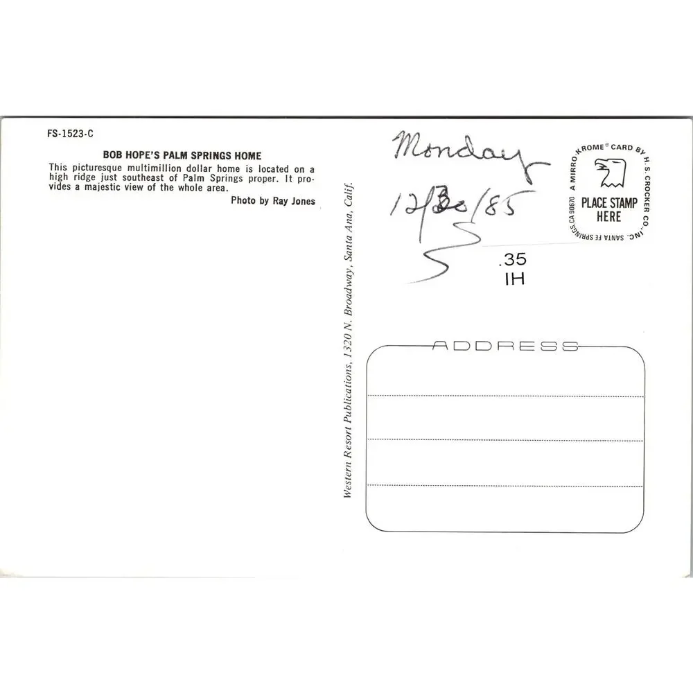 Bob Hope's Home 12/30/85 Palm Springs California Vintage Postcard SPK29 - Picture 2 of 2